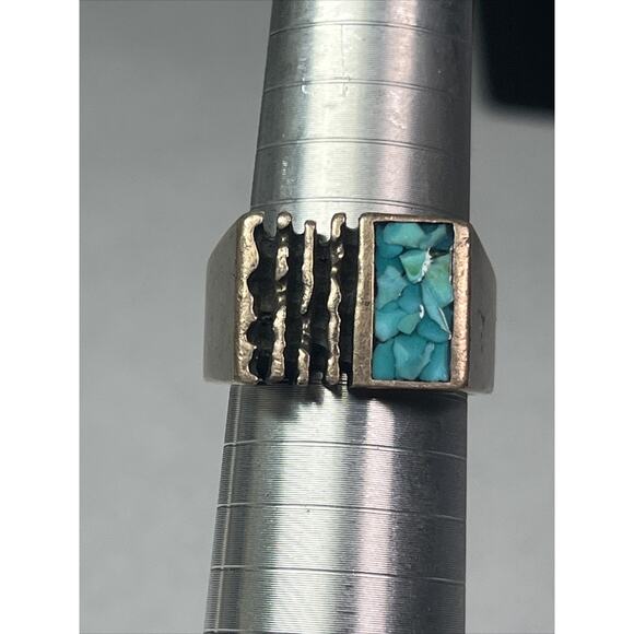 Sterling Silver 925 Tested Men Women Square Ring Blue Turquoise Inlay Size 9,75 - Picture 7 of 16